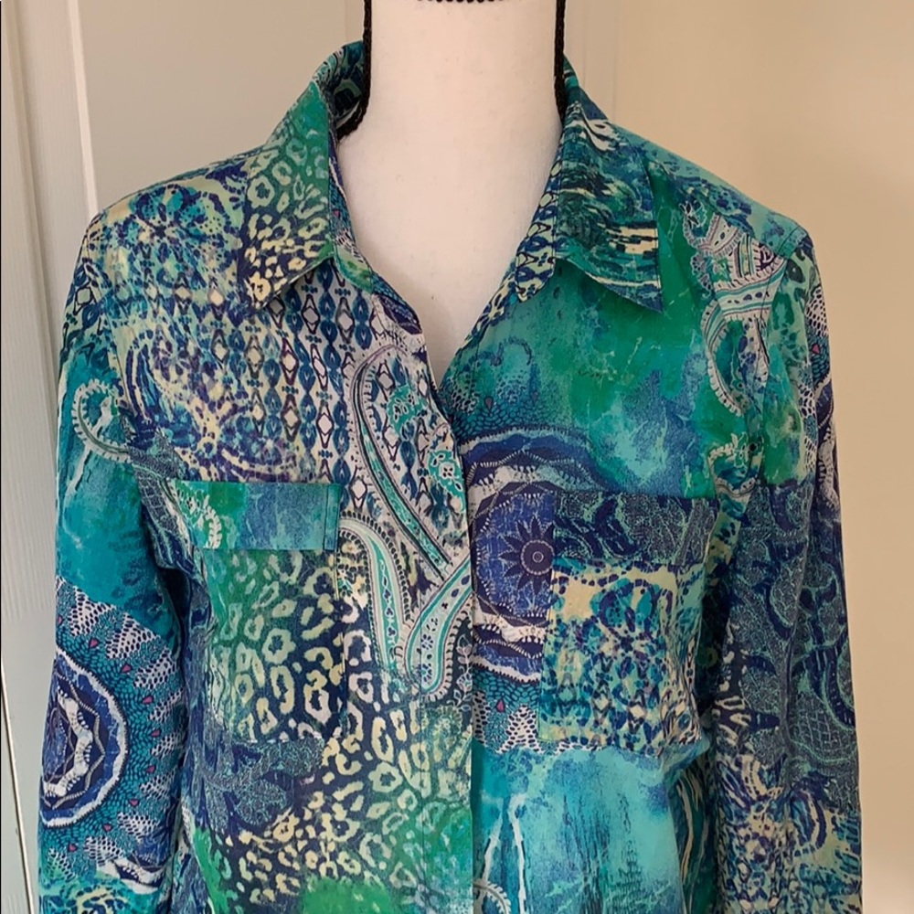 Chico’s Blue/Green Print Top 3/4 or Long Sleeve 100% Cotton Size 1